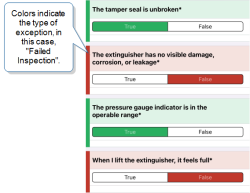 Form that shows button-group questions, some red and some green. The question "The extinguisher has no visible damage, corrosion, or leakage" is red because the user selected "False", which triggers the "Failed Inspection" exception.